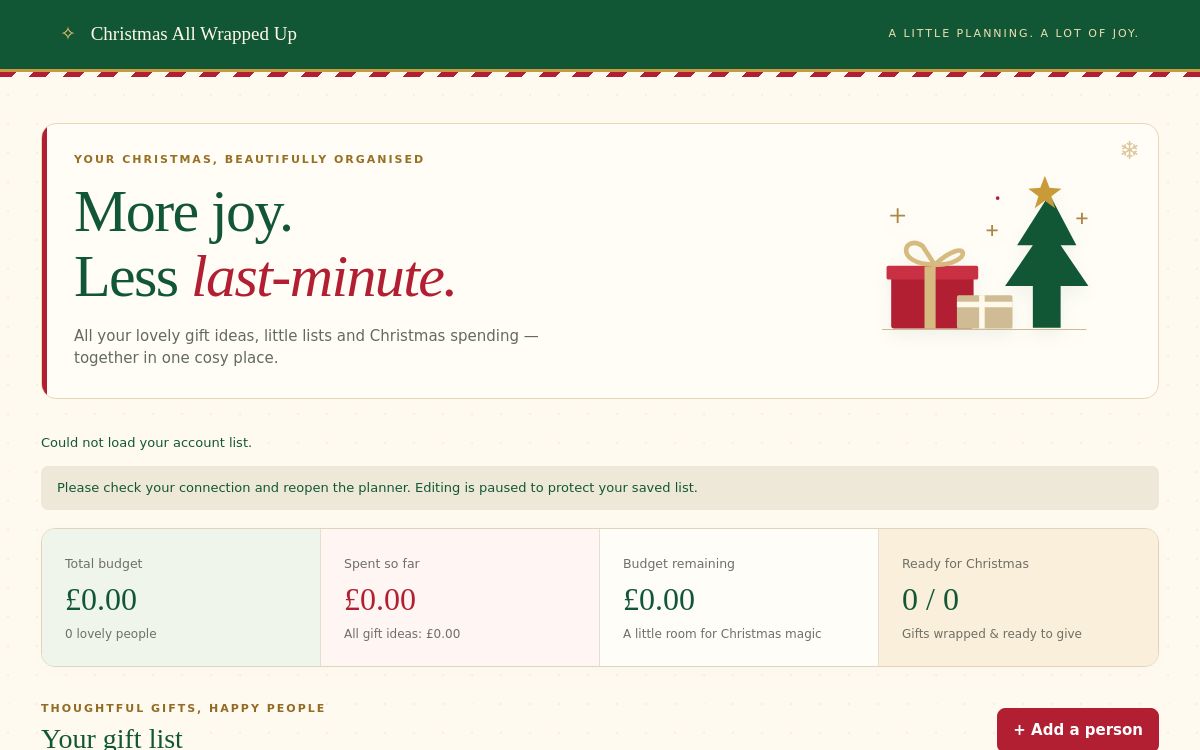 Current Christmas All Wrapped Up app front page, showing its festive header, Christmas tree and presents, and the heading More joy. Less last-minute.