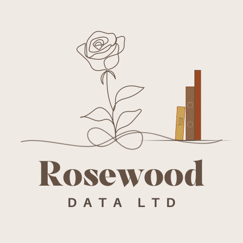 Rosewood Data Ltd — line-drawn rose and account books